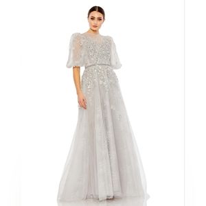 Mac Duggal EMBELLISHED PUFF SLEEVE A LINE GOWN